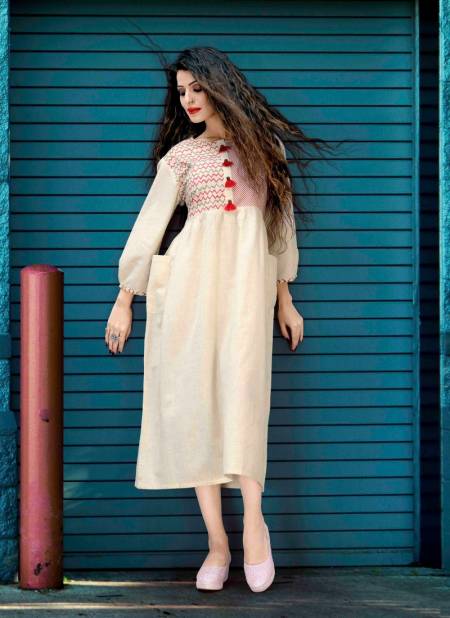 Cream Colour Fancy Designer Casual Wear Cotton Blend Checks Printed Designer Kurti Collection Suhani-1